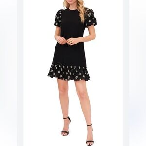 CeCe Black puff sleeve dress XL with White Floral embroidery